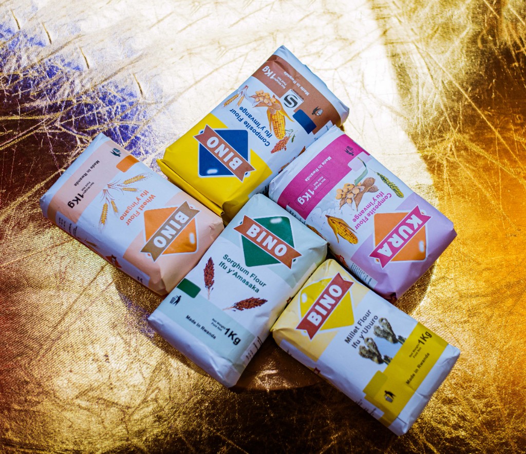 BINO and KURA flour range — composite, wheat, sorghum, and millet flours made in Rwanda